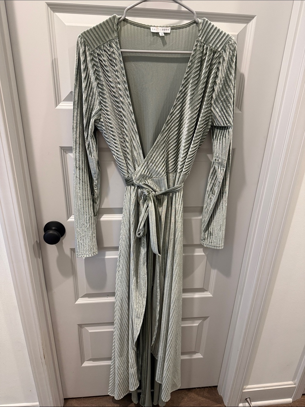 Baltic Born Sage Green Velvet Pleated Wrap Maxi Dress
